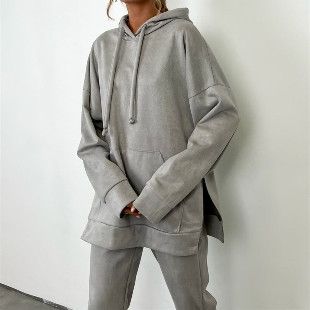 Damen sportliches Fleece-Lounge-Set mit übergroßem Hoodie und elastischen Hosen Drune