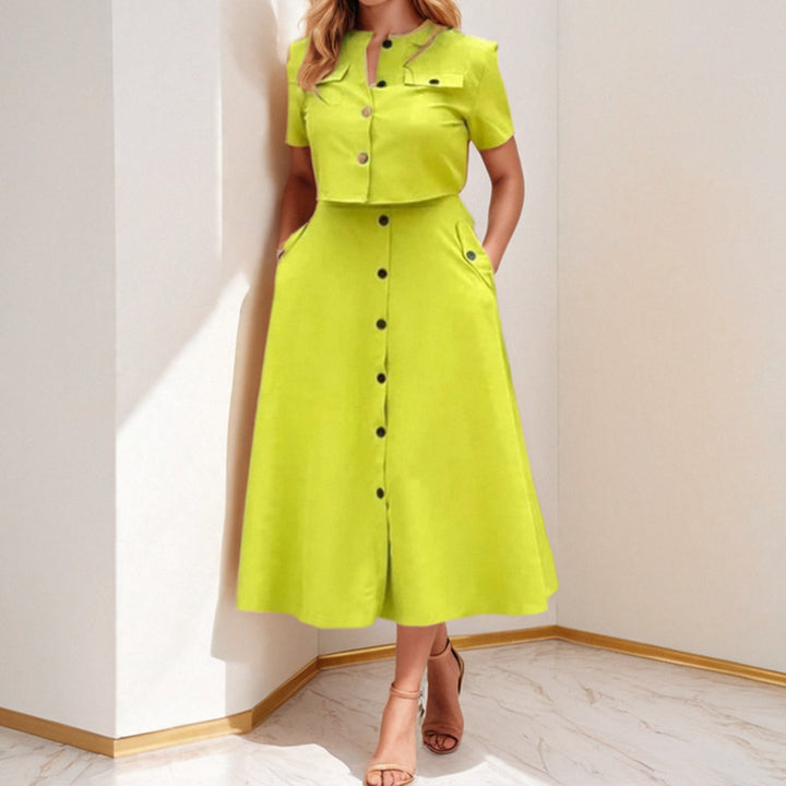 Damen Midi Kleid mit knöpfbarem Oberteil und taillierter Silhouette Drune
