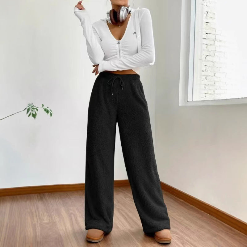 Damen nan hochtaillierte Teddyfleece-Loungehose mit weitem Bein, Kordelzug und seitlichen Eingrifftaschen Drune