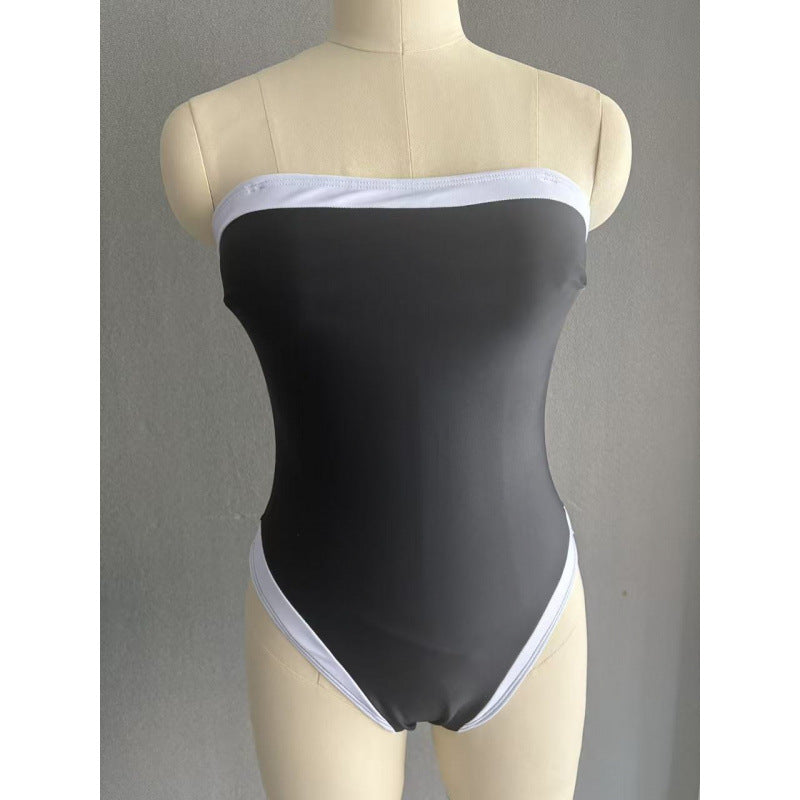 Damen Einteiler Badeanzug mit stilvollem Bandeau-Ausschnitt und kontrastierenden Akzenten Drune
