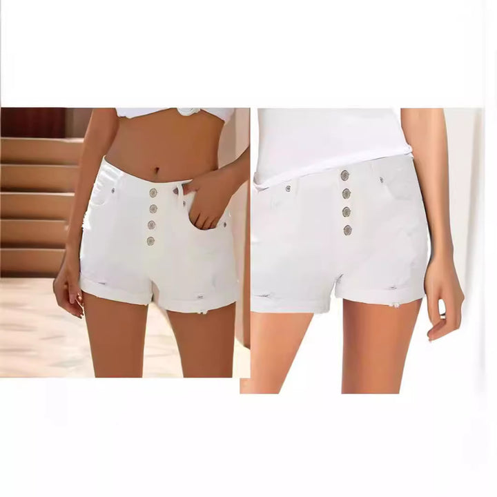 Damen modische High-Waist Denim-Shorts mit Knopfdetails und ausgefranstem Saum Drune