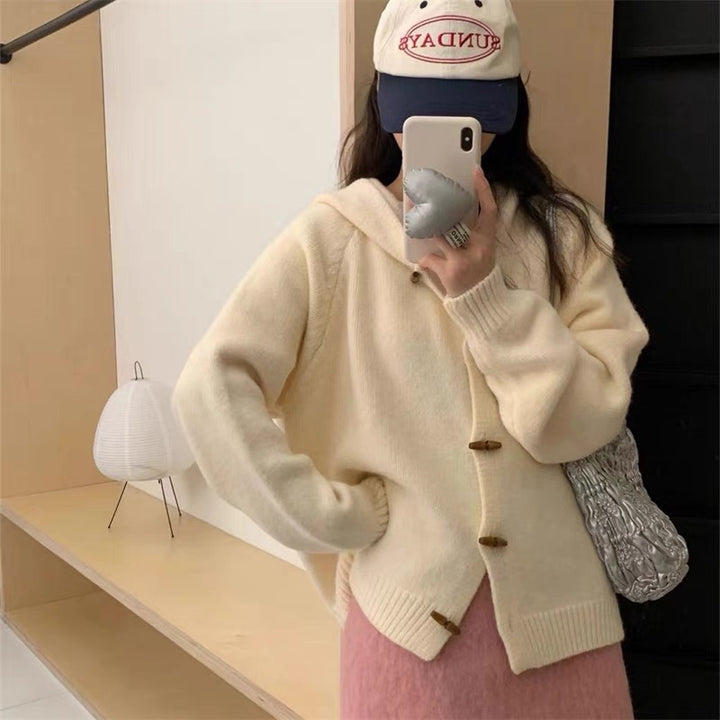 Damen lässiger Strickhoodie mit dekorativen Knöpfen Drune