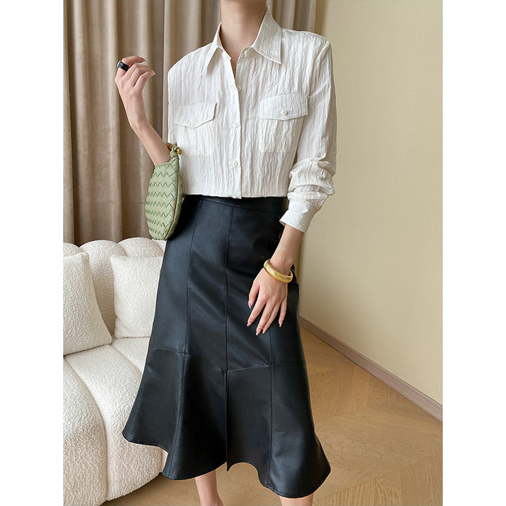 Damen Eleganter Lederrock mit ausgestelltem Schnitt Drune