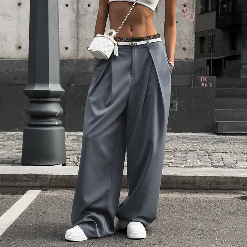 Damen nan hochtaillierte weite Bundfaltenhose mit Cargo‑Details, Gürtelschlaufen und geradem Beinschnitt Drune