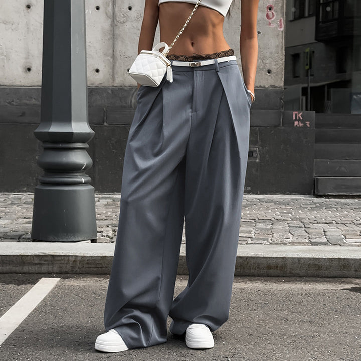 Damen nan hochtaillierte weite Bundfaltenhose mit Cargo‑Details, Gürtelschlaufen und geradem Beinschnitt Drune