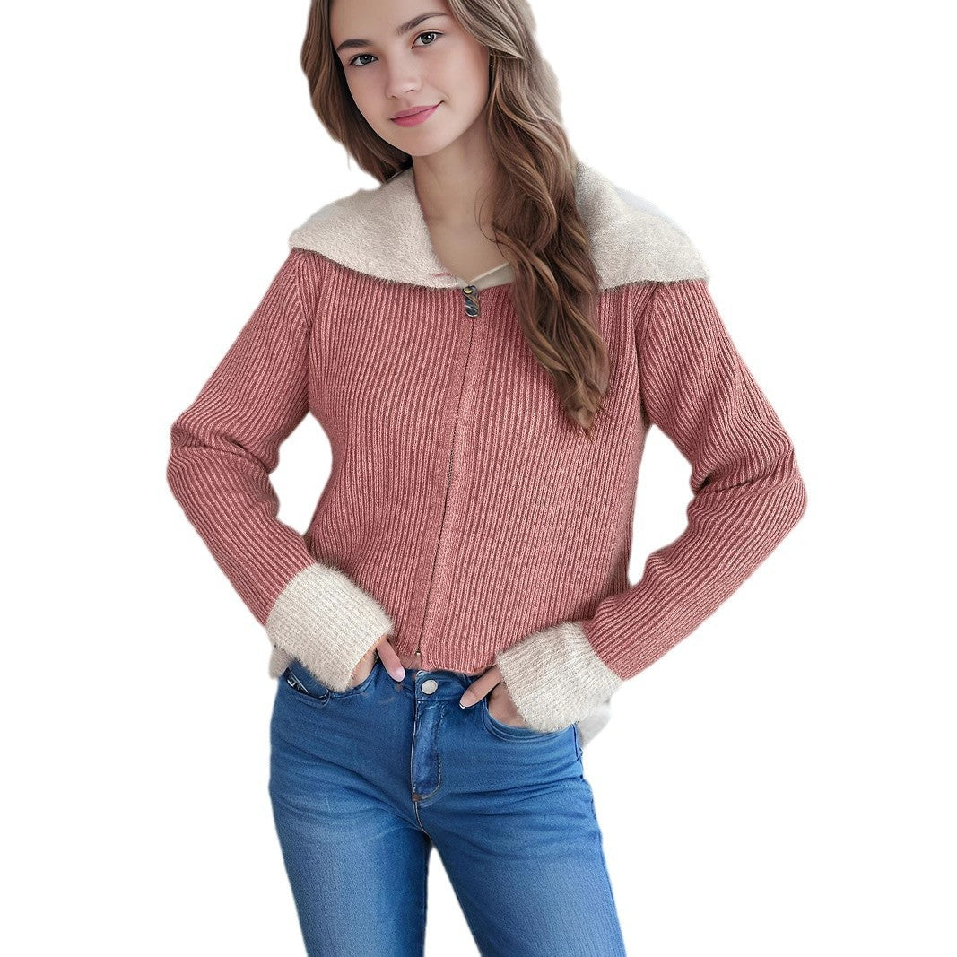 Damen bequeme Strickjacke mit praktischen Reißverschluss-Details und modernen Puffärmeln Drune