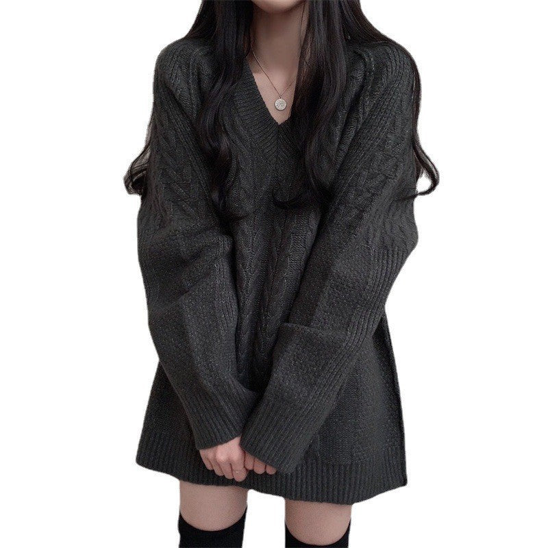 Damen Oversized Strickpullover mit Zopfmuster und V-Ausschnitt Drune