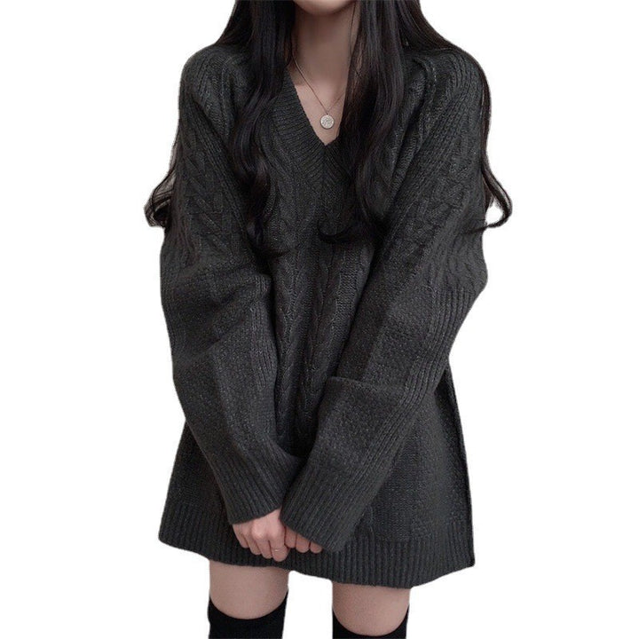 Damen Oversized Strickpullover mit Zopfmuster und V-Ausschnitt Drune