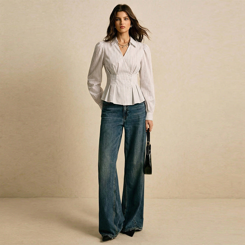 Damen taillierte Bluse mit vertikalem Streifenmuster Drune