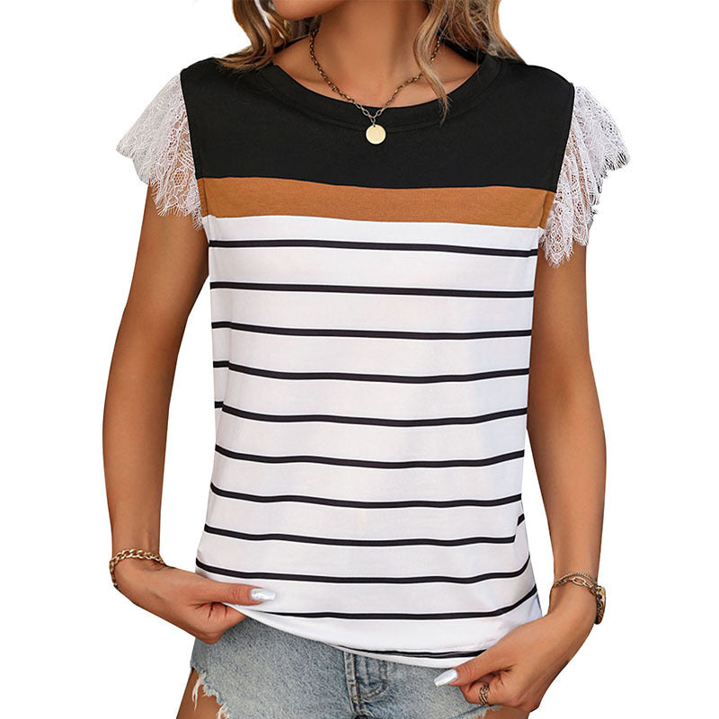 Damen T-Shirt mit Spitzenärmeln und gestreiftem Muster Drune