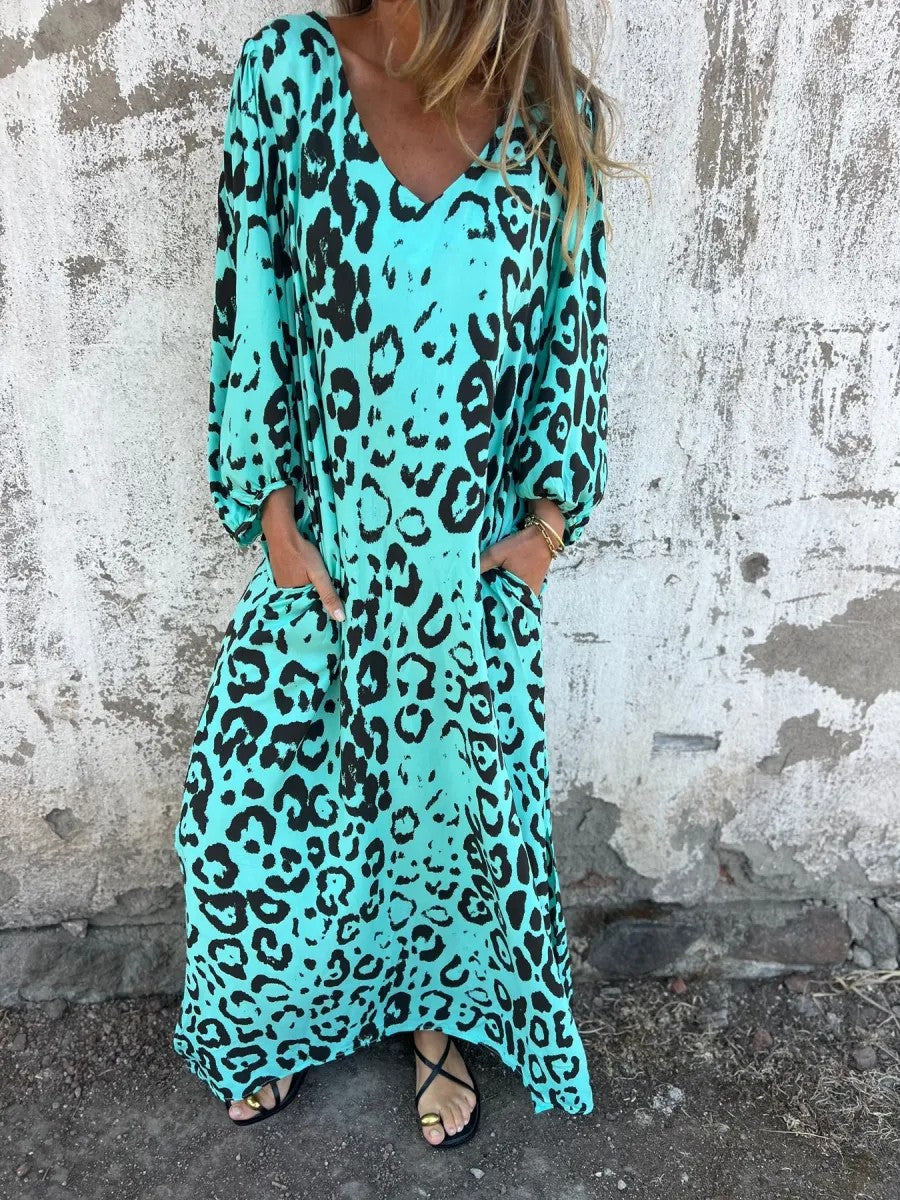 Damen Maxikleid mit exklusivem Leopardenmuster und praktischen Seitentaschen Drune