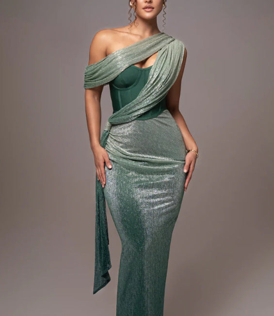 Damen Glamouröses Maxi-Abendkleid mit asymmetrischem Ausschnitt und schimmerndem Drapierungsdesign Drune