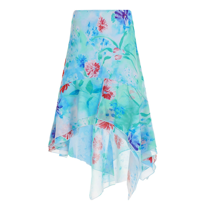 Damen asymmetrischer Rüschenrock aus floralem Chiffon Drune