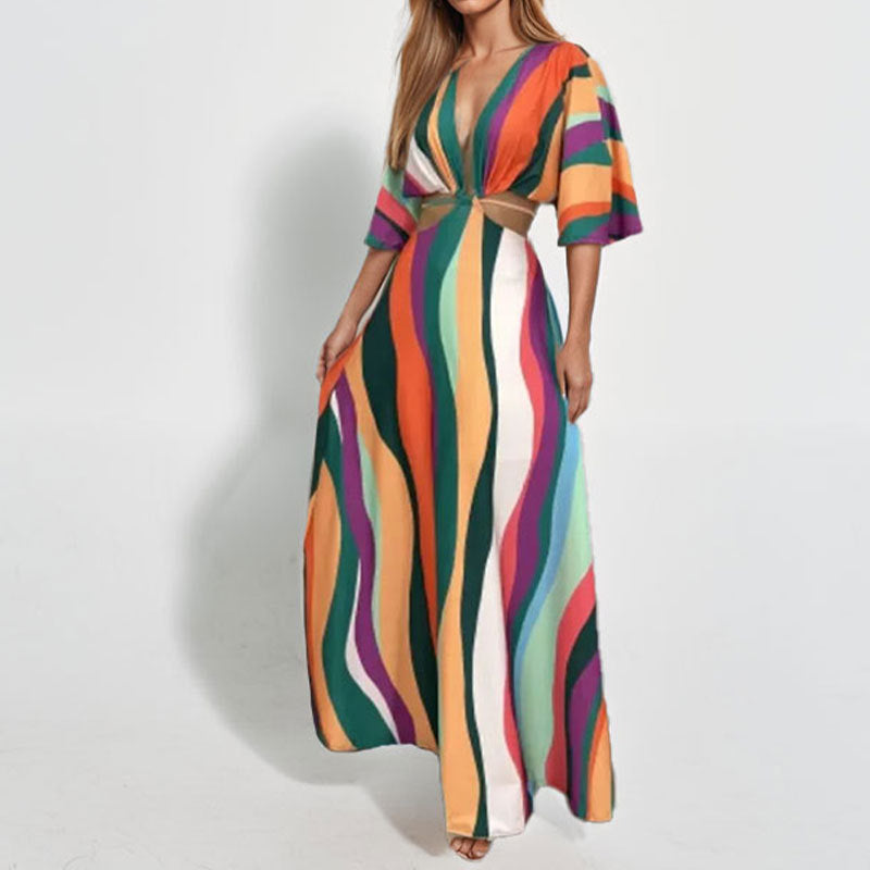 Damen Maxi-Kleid mit tiefem V-Ausschnitt und Wellenmuster Drune