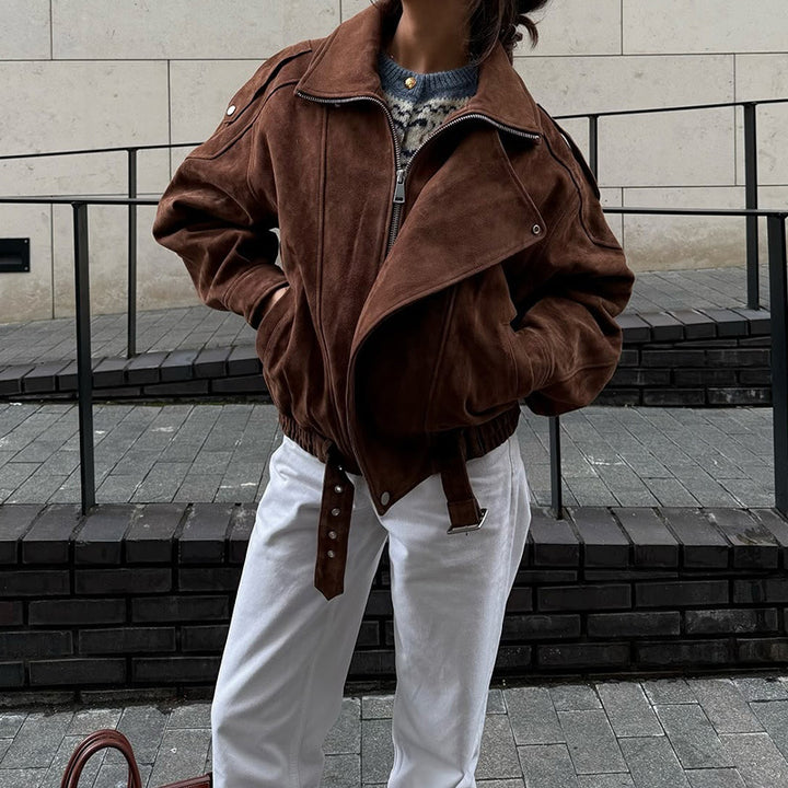 Damen Kunstlederjacke mit modernem Stehkragen und praktischen Reißverschlusstaschen Drune