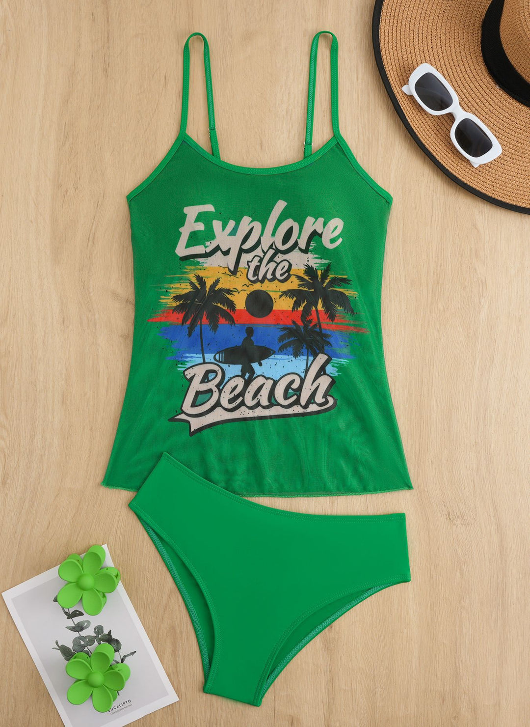 Damen Strandtop mit buntem Grafikdesign und passendem Bikiniunterteil Drune