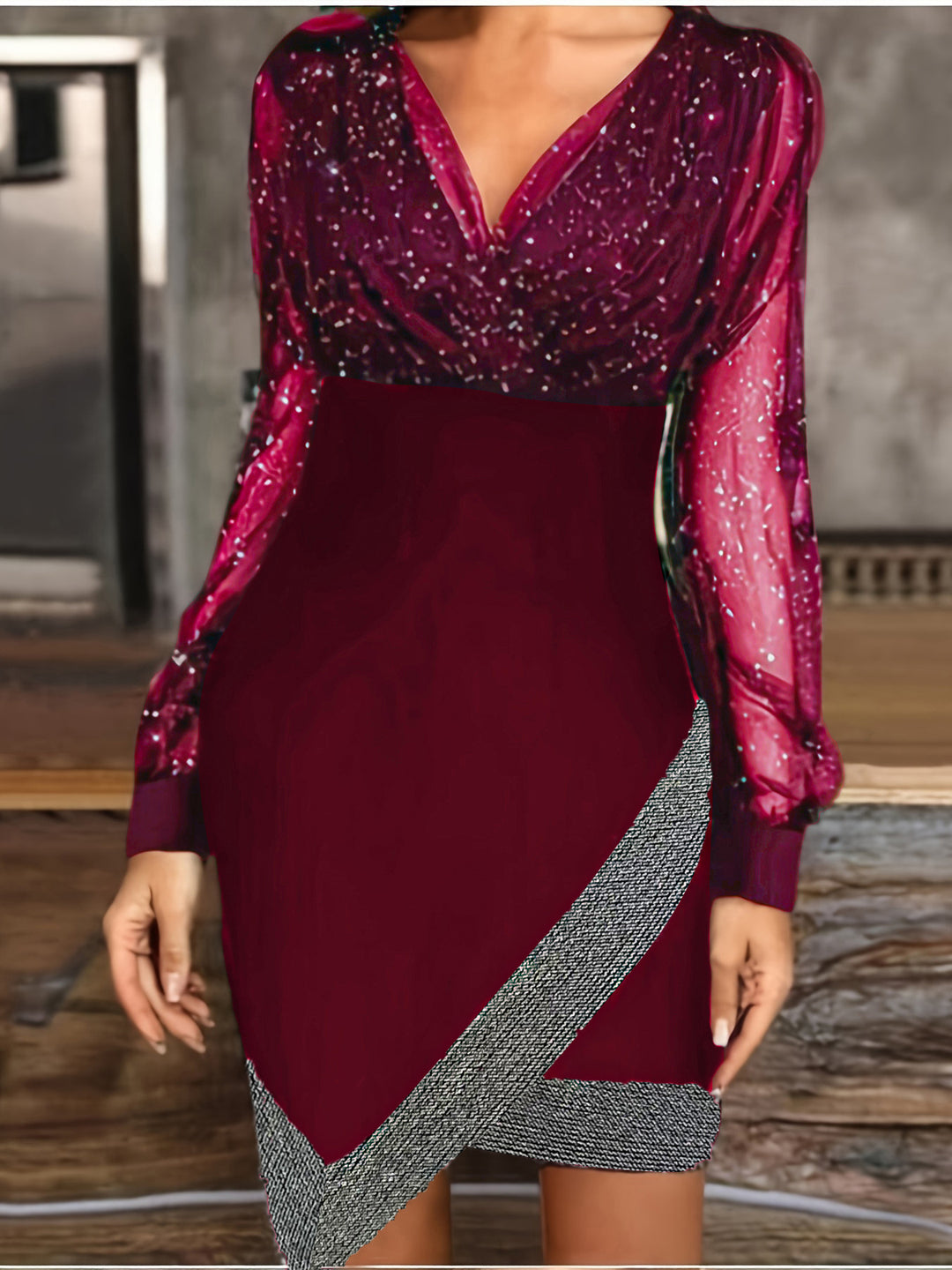 Damen Glamouröses Abendkleid mit funkelnden Ärmeln und asymmetrischem Schnitt Drune