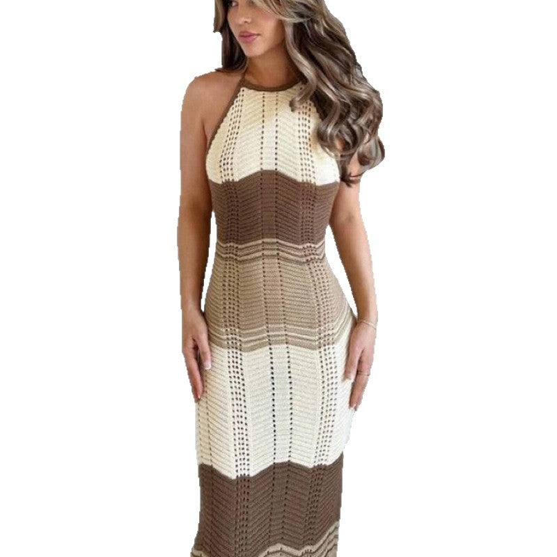 Damen Häkel-Maxikleid mit exklusivem Muster und elegantem Kragen Drune