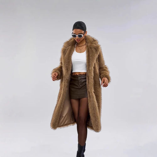 Damen Eleganter Pelzmantel mit großen Taschen Drune