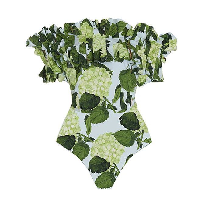 Damen Einteiler Badeanzug mit voluminösen Rüschendetails und floralem Design Drune