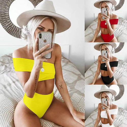 Damen Hochgeschnittener Bikini mit schulterfreiem Oberteil und elastischem Material Drune