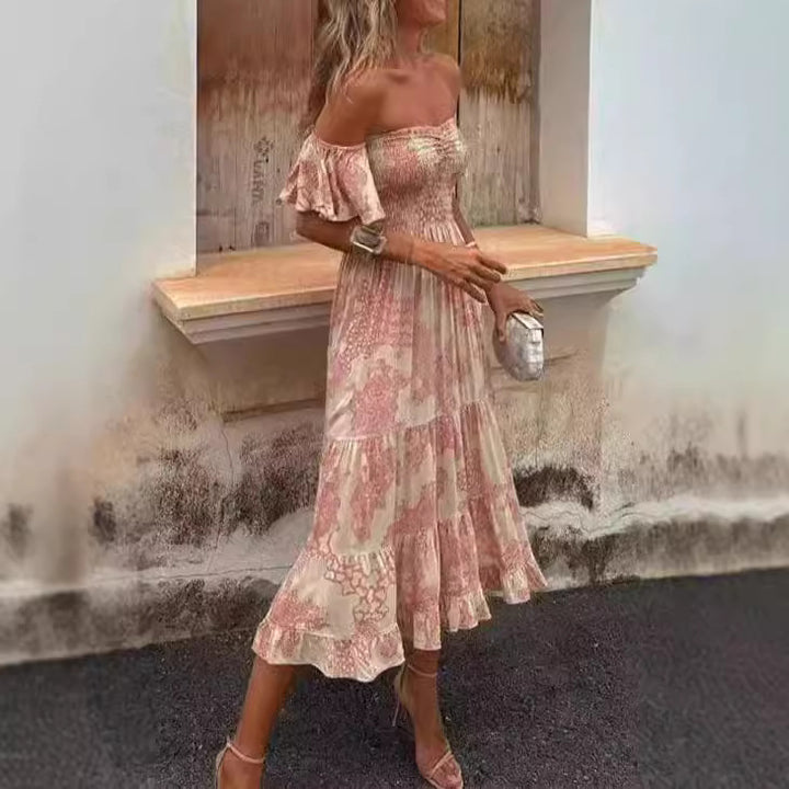 Damen Off-Shoulder Maxikleid mit Rüschendetails und elastischem Taillenband Drune