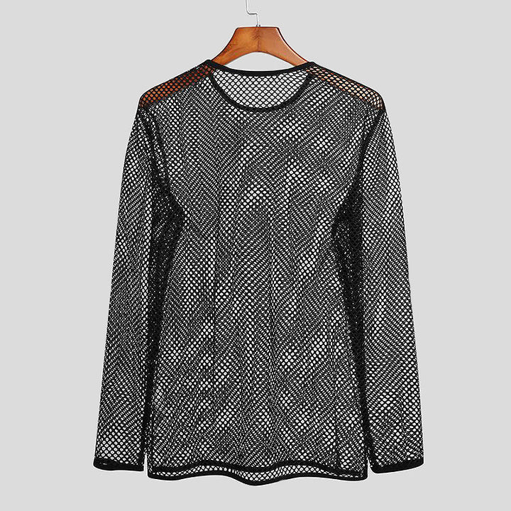 Unisex nan durchscheinendes Diamantnetz-Langarmshirt mit Rundhalsausschnitt Drune
