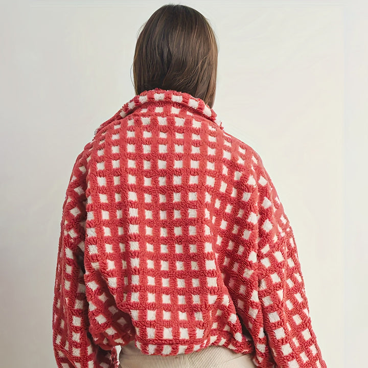 Damen kuschelige Oversized Fleecejacke mit Karomuster und hohem Kragen Drune