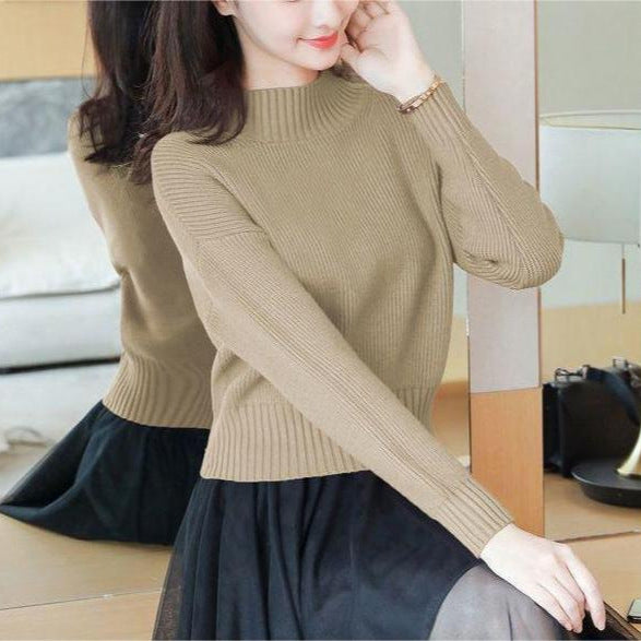 Damen lässiger Strickpullover mit hohem Kragen und feinen Rippdetails Drune