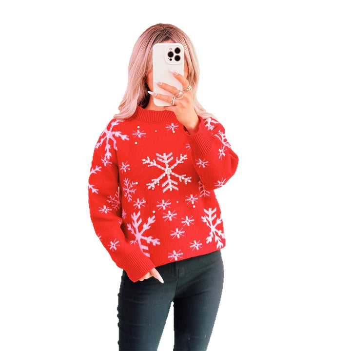 Damen Weihnachts-Pullover mit festlichem Schneemuster und hohem Kragen Drune