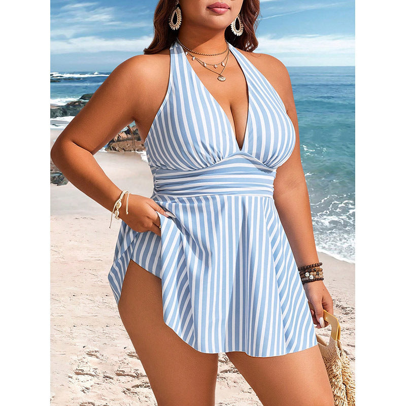 Damen Wickelkleid Badeanzug mit modischem Streifenmuster Drune