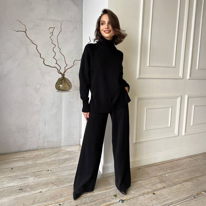 Damen Eleganter Strickanzug mit hohem Kragen und weitem Bein Drune