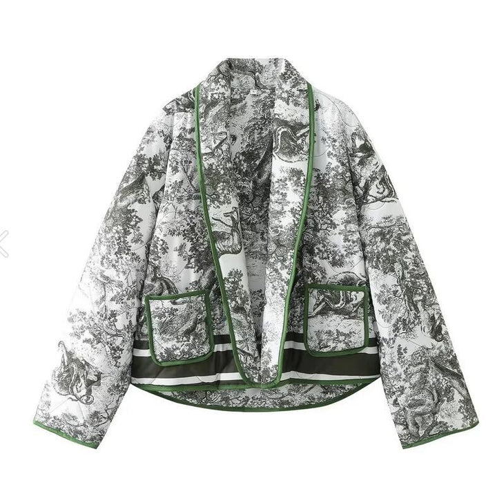 Damen Oversized Steppjacke mit floralem Muster und kontrastierenden Details Drune