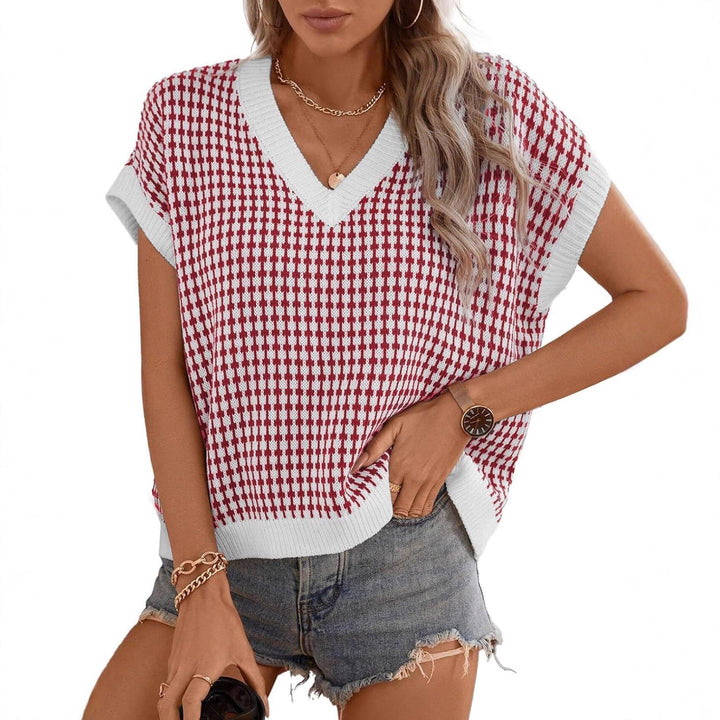 Damen Viskose Stricktop mit modernem Karomuster und V-Ausschnitt Drune