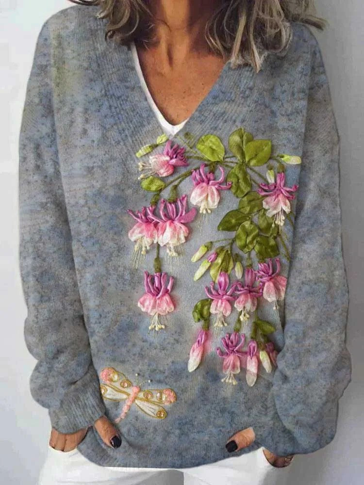 Damen V-Ausschnitt Pullover mit floralem Muster und lässigem Schnitt Drune