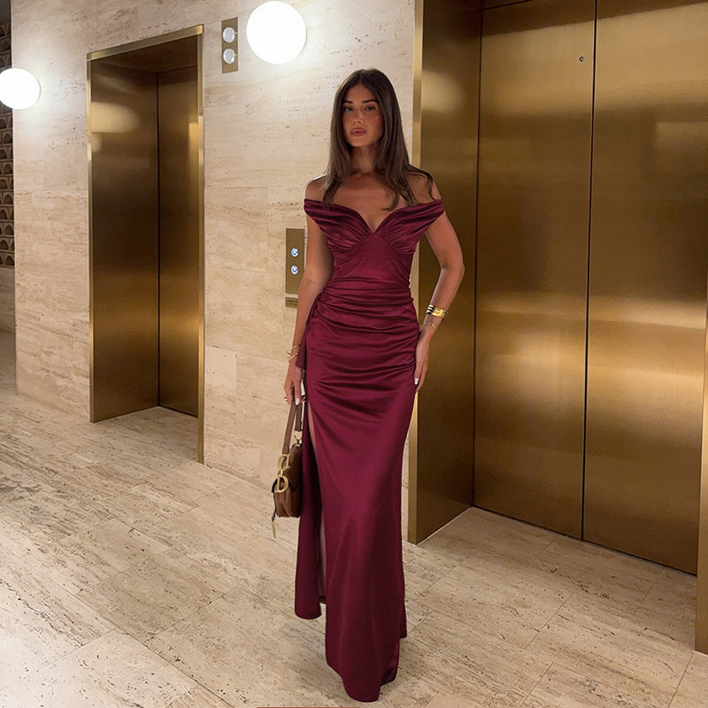 Damen elegantes schulterfreies Maxikleid mit fließendem Satin und verführerischem Schlitz Drune
