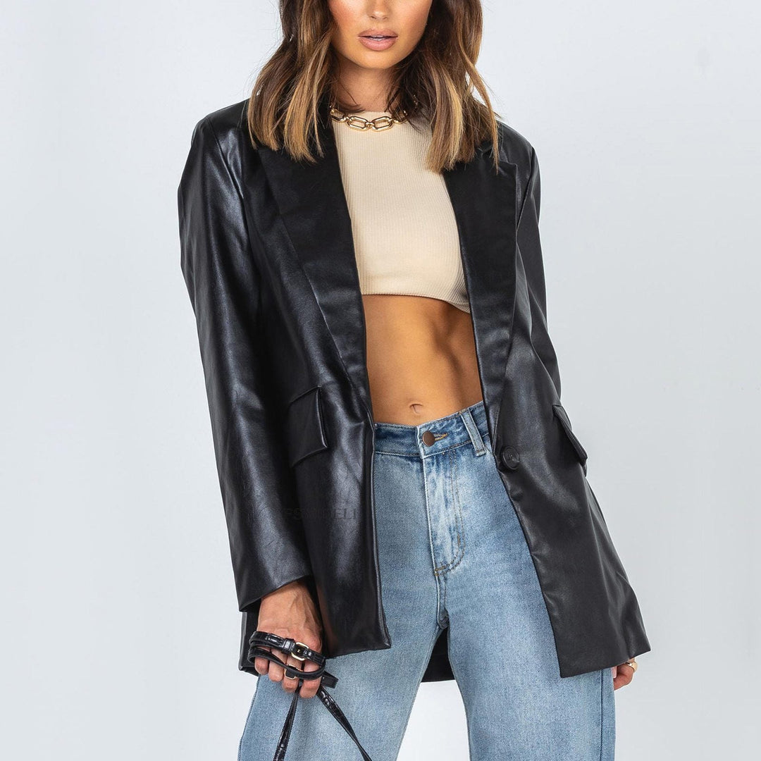 Drune | Oversized PU Leder Blazer - Schick & Kanten - Knopfverschluss - Herbst & Frühling Oberbekleidung