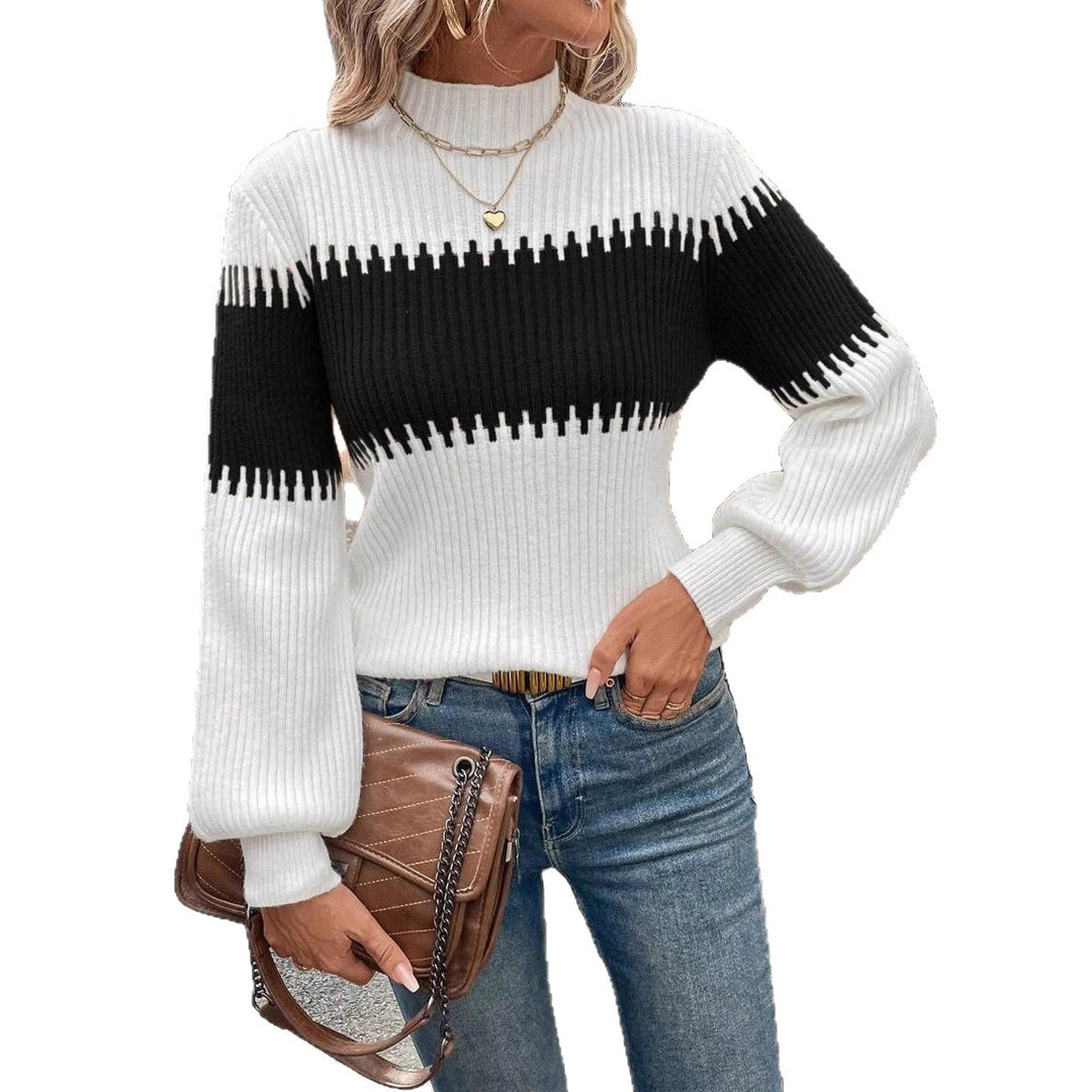 Damen Strickpullover mit lässigem Stehkragen und geometrischem Rippmuster Drune