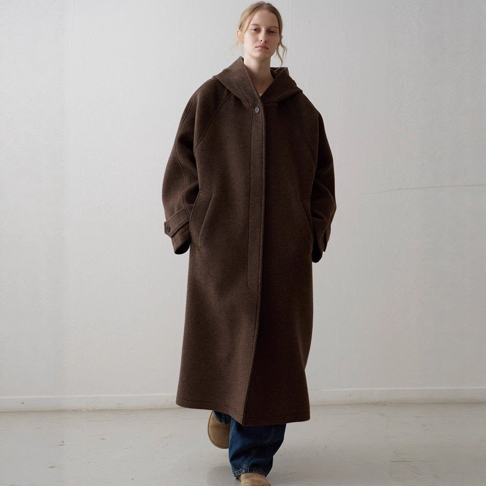 Damen oversized Wollmantel mit praktischer Kapuze Drune