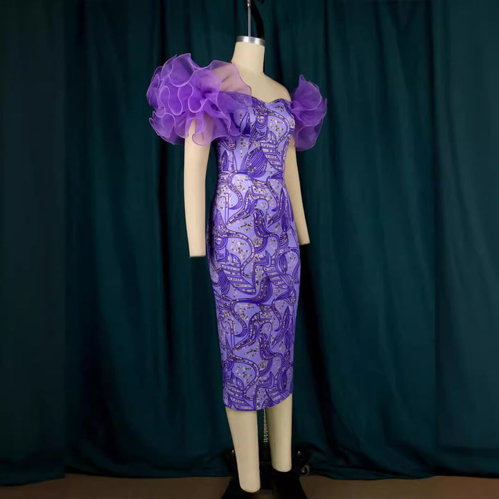 Damen Elegantes Midi-Kleid mit innovativen Puffärmeln und kunstvollem Druck Drune
