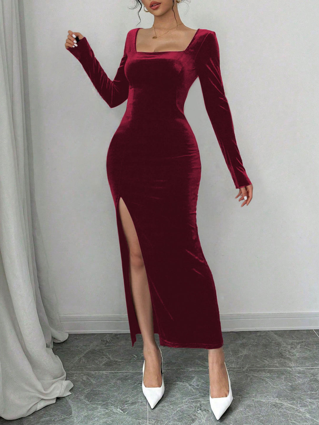 Damen Samt Maxikleid mit tiefem V-Ausschnitt und elegantem Schlitz Drune