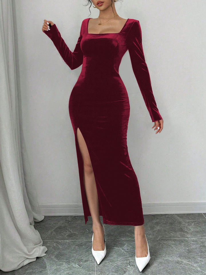 Damen Samt Maxikleid mit tiefem V-Ausschnitt und elegantem Schlitz Drune