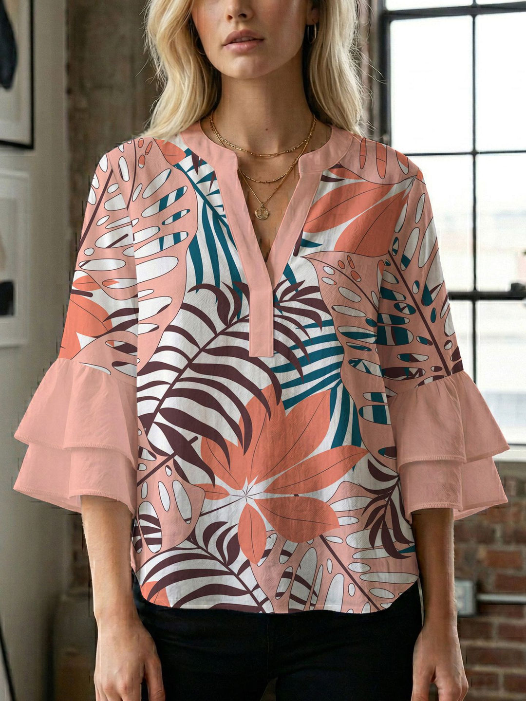 Damen Blusenshirt mit voluminösen Ärmeln und kreativem Druckdesign Drune