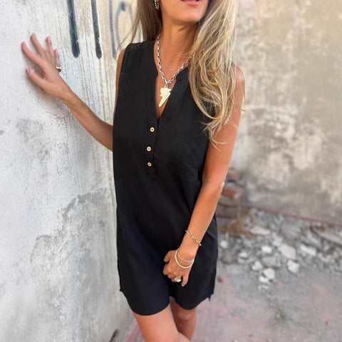 Damen lässiges Hemdkleid aus Leinen mit Knopfdetails Drune