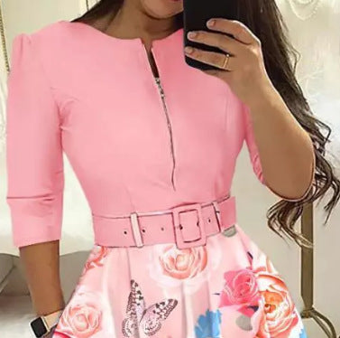 Damen Kleid im eleganten A-Linien-Stil mit Taillengürtel und floralem Druck Drune