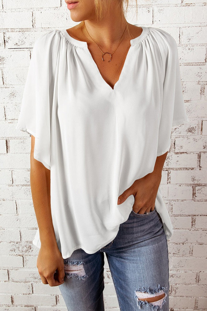 Damen luftige Bluse mit V-Ausschnitt und sanftem Faltenwurf Drune