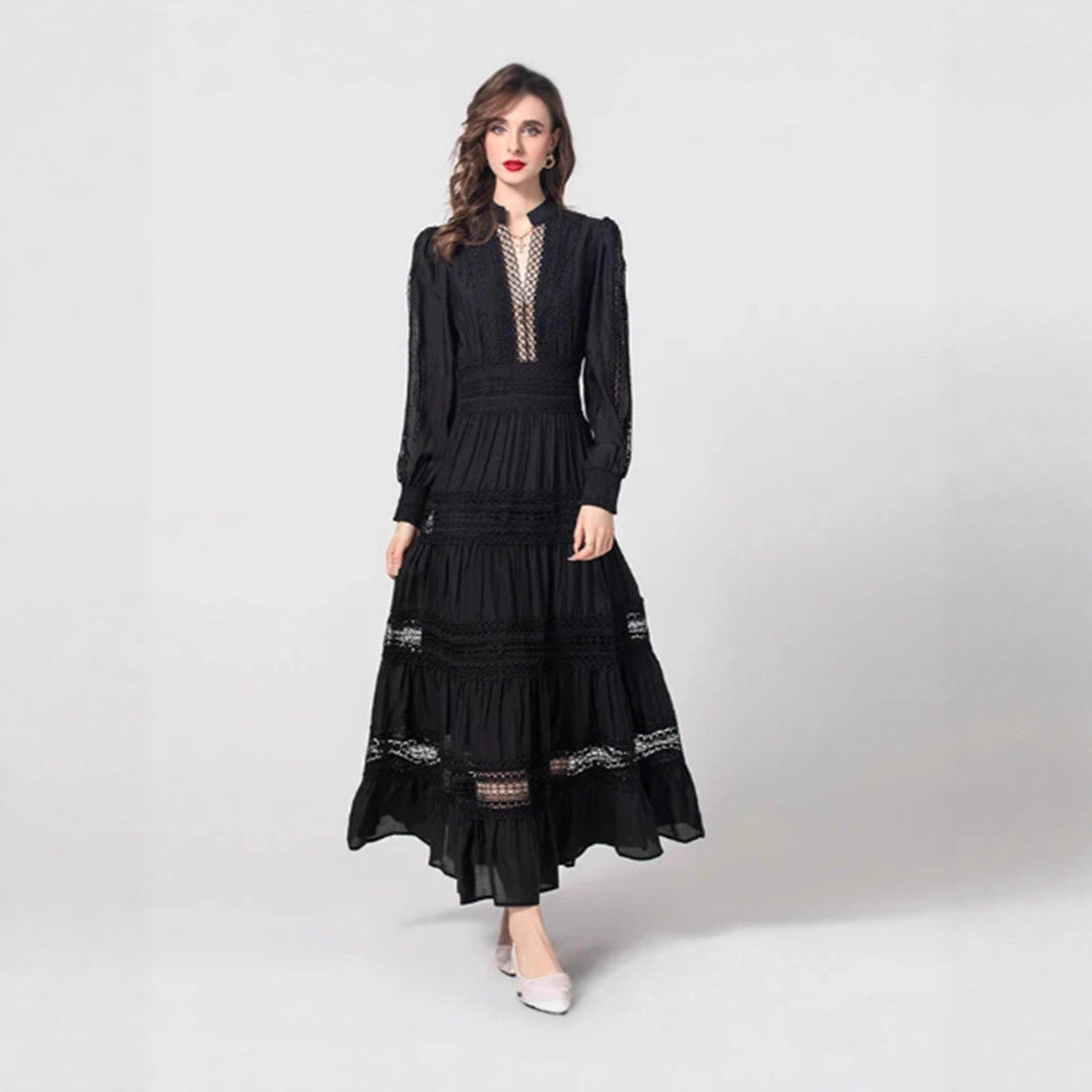 Damen romantisches Maxikleid mit transparenten Einsätzen und Rüschendetails Drune
