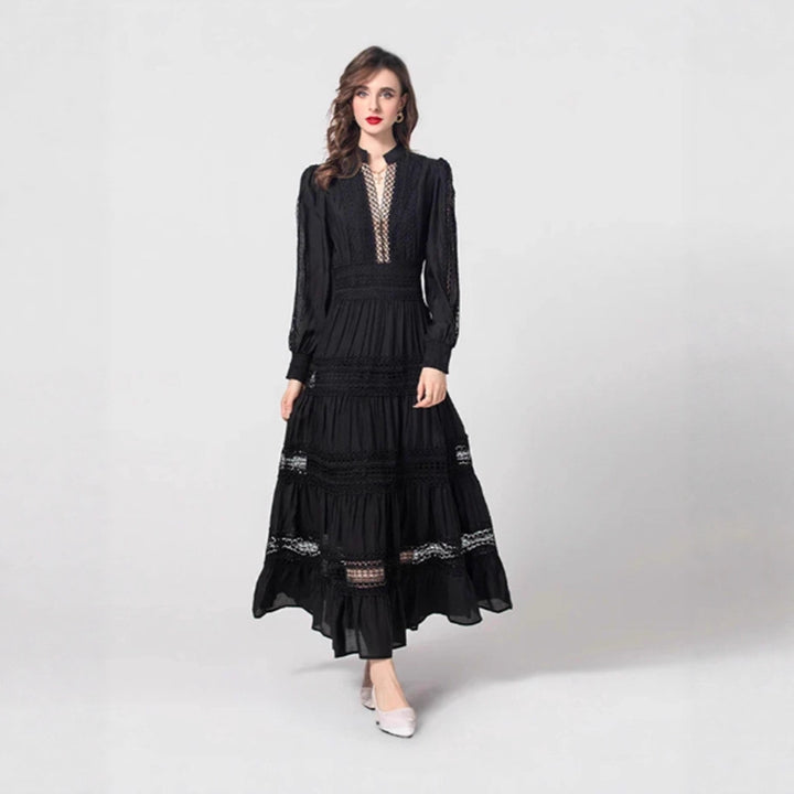 Damen romantisches Maxikleid mit transparenten Einsätzen und Rüschendetails Drune