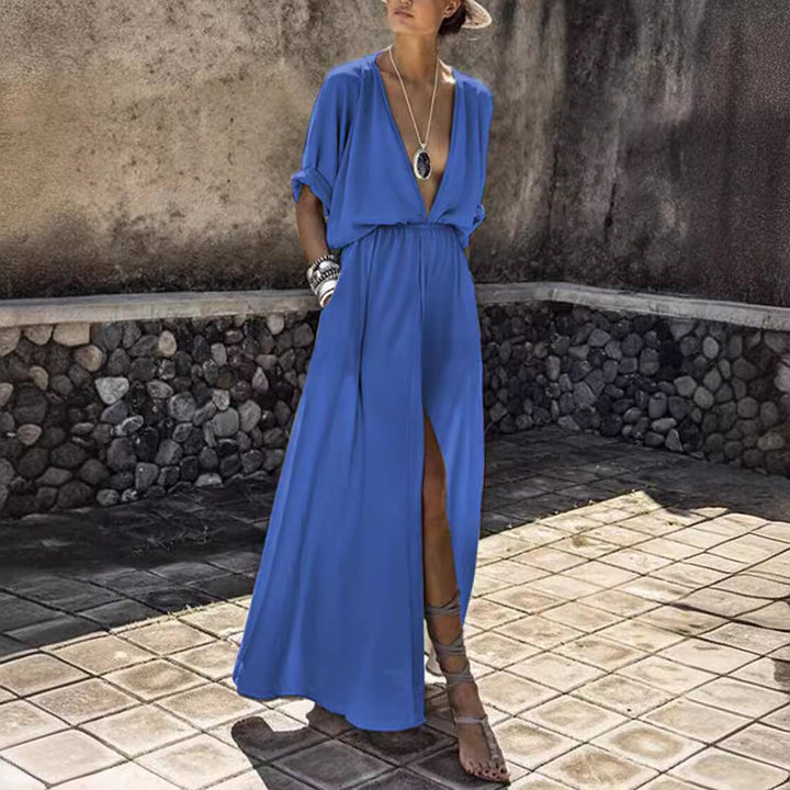Damen Maxikleid mit tiefem V-Ausschnitt und hautfreundlichem Material Drune