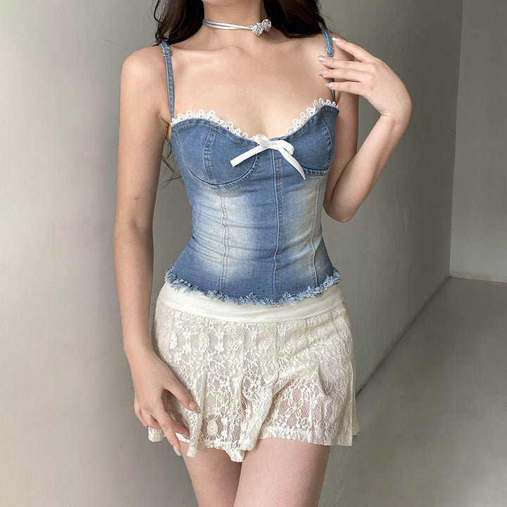 Damen Denim-Crop-Top mit Rüschendetails und zierlichem Schnürverschluss Drune